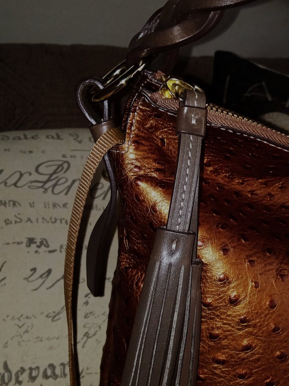 Dooney & Bourke Ostrich Collection Brown Metallic Leather Shoulder Bag - Picture 5 of 11